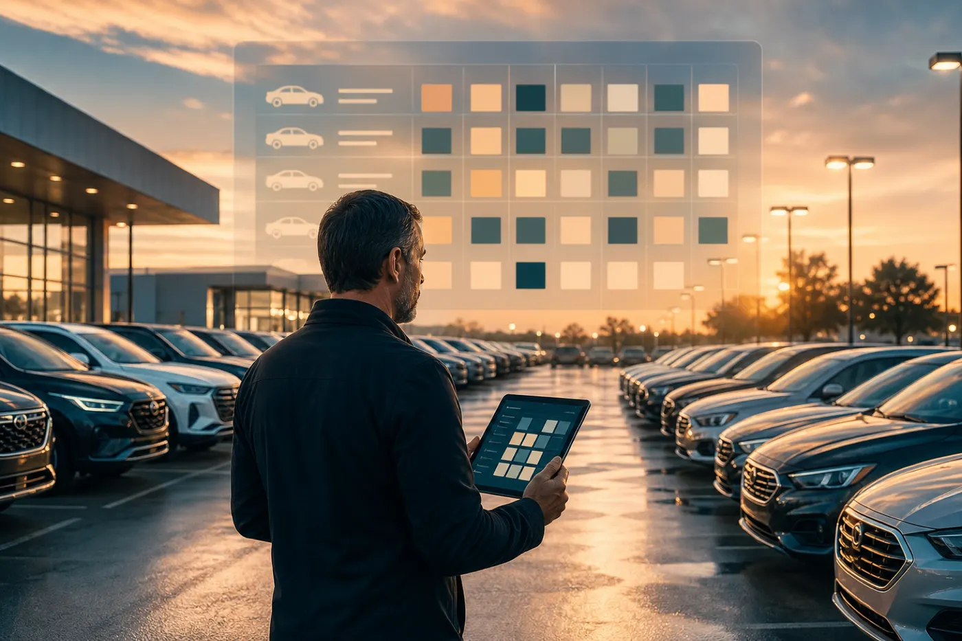 Manager reviewing unified new and used inventory on the lot